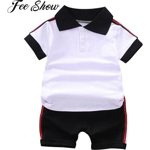 Toddler Boys Tracksuits Clothes Cotton Summer Exercise Sport Suit Lapel Collar Stripes T-shirt Top and Shorts Casual Daily Wear
