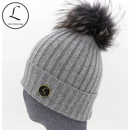 Warm Winter Knitted Hats Brand Design Striped Hat For Women Pure Color Hedging Cap With Real Raccoon Fur Pompom Bonnet 6919