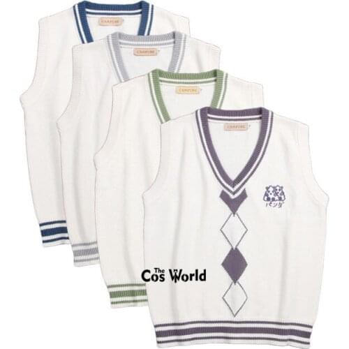 8 Colors Spring Autumn Panda Rhombus Pattern Sleeveless Knit Vests Pullovers V Neck Sweaters JK School Uniform Student Clothes