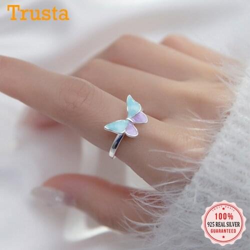TrustDavis Real 925 Sterling Silver Sweet Blue Purple Butterfly Insects Opening Ring For Women Wedding Party Fine Jewelry DA228