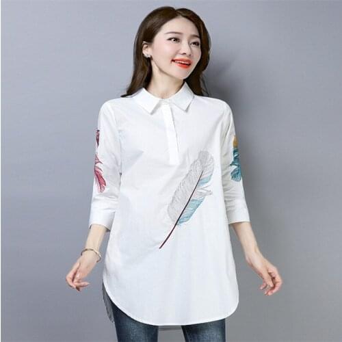 Spring Women Three Quarter Sleeve Midi Long Blouse Feathers Embroidery Shirt Female Casual White Blouses Tops Plus Size 4XL 2063