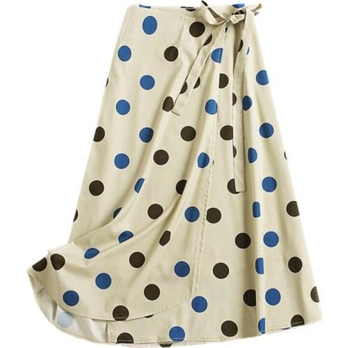 PERHAPS U Beige Straight Polka Dot Empire Lace-up Bow Asymmetrical Midi Skirt Elegant Casual Summer S0155