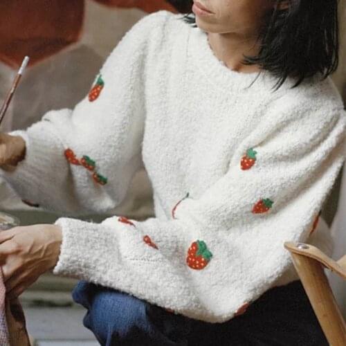Embroidery Knitting Sweater Environmental Wool Round Neck Patchwork Strawberry Pattern Loose Pullover Vintage Knitwear Pull
