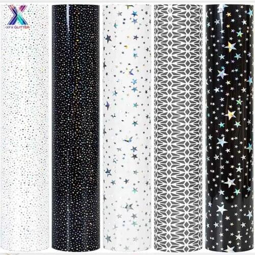 XINFANGXIU 12"x10"in Cricut Htv 5 Pcs Black and White Holographic Star Pattern HTV Vinyl Heat Transfer PU Heat for T-Shirt DIY