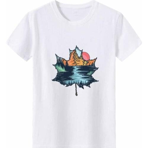 Leaf Pattern Print T-shirt Women Sunset Mountain River Tee Shirt Casual Women Short Sleeve Hipster Graphic T Shirts Loose Top