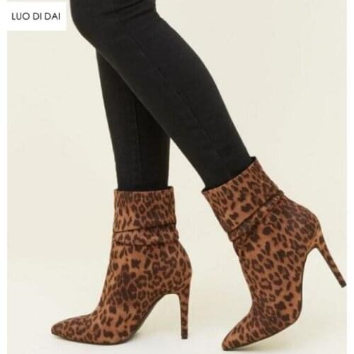 2020 autumn new women slip on ankle boots women leopard booties ladies point toe suede leather leopard boots party shoes
