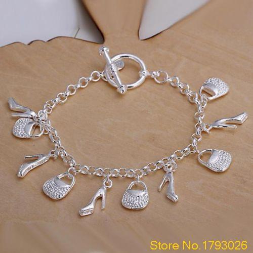 Girls Silver Plated High-Heeled Shoes Bags Pendant Charms Chain Bracelet 4TA7
