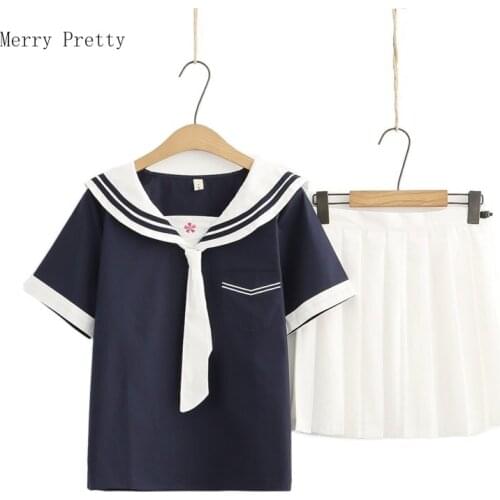 Women Casual Dress Sets Tie Sailor Collar Cotton Blouse And Solid Hight Waist Mini Skirts 2021 Summer Sweet Style 2 Piece Set