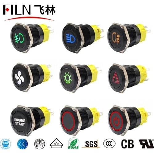 12V 19mm Warning LED Indicator Light Panel Metal Push Button Switch Lock And Momentary On Off With Dash LOGO Symbol