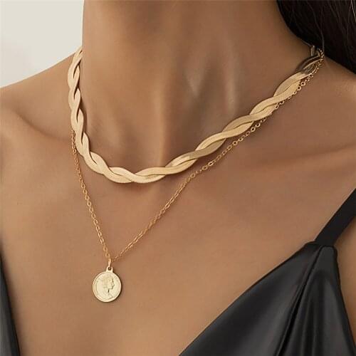 2Pcs/Set Simple Minimalist Copper Flat Snake Chain Choker Necklace Portrait Coin Pendant Necklace Set Clavicle Chain Women 2021