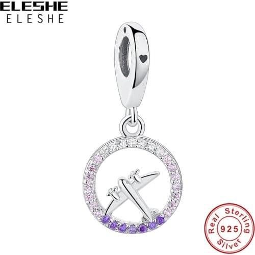925 Sterling Silver Round Shape Airplane with CZ Pendant Charm fit Charm Bracelets Sterling Silver Jewelry