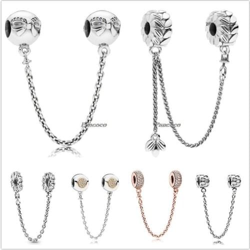 Authentic 925 Sterling Silver Two-tone Signature With Crystal Safety Chain Charm Bead Fit Pandora Bracelet & Necklace Jewelry