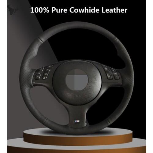 Black Genuine Leather Hand-stitched Steering Wheel Cover for BMW E46 E39 330i 540i 525i 530i 330Ci M3 2001 2002 2003