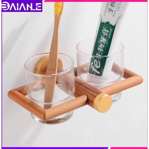 Cup & Tumbler Holders Aluminum Wood Bathroom Toothbrush Holder Cup Glass Wall Mounted Bathroom Accessories ToothBrush Holder Set