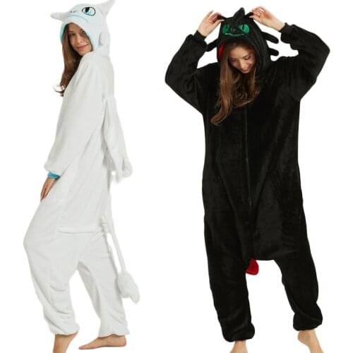 Toothless Dragon White Black Onesie Adult Unisex Flannel Pajama Anime Cosplay Costume Train Your Night Fury Sleepwear E46762AC