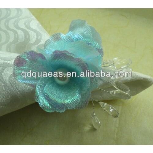Crystal napkin ring blue silk flower, beaded wedding napkin holder