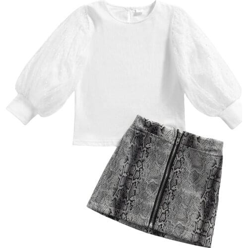 1-6Years Kids Baby Girls Clothes Set 2021 Summer Autumn Children Mesh Puff Long Sleeve Blouse +Snakeskin Print Zip Skirts Outfit