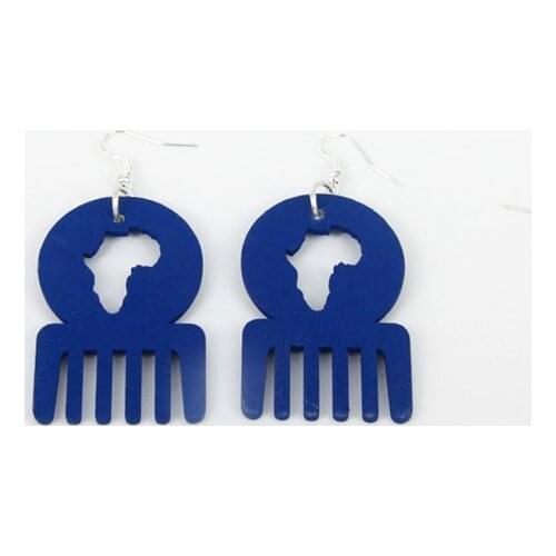 Trendy Handmade unique Dark Blue Color African Map Afro Comb Shape Dangle Wooden Earrings for Women Xmas Gift 12pcs/lot