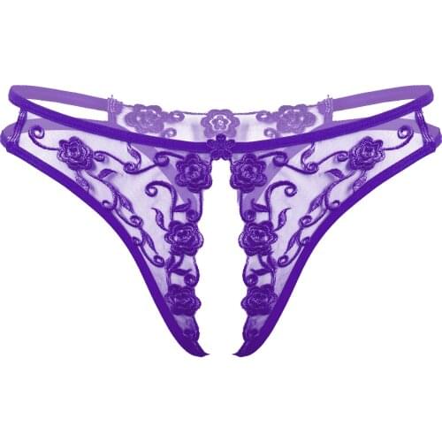 Mens Erotic Lingerie UnderpantsFlower Embroidery Crotchless Underwear Low Waist T-back Thongs Sissy Briefs See-Through Panties