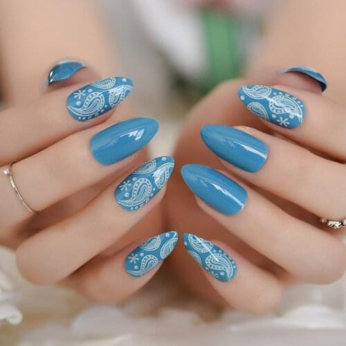 Medium Full Cover Fake Finger Nails Stiletto Lake Blue Pre-designed Acrylic Fake Nails Simple Adult Daily Wear 24PCS