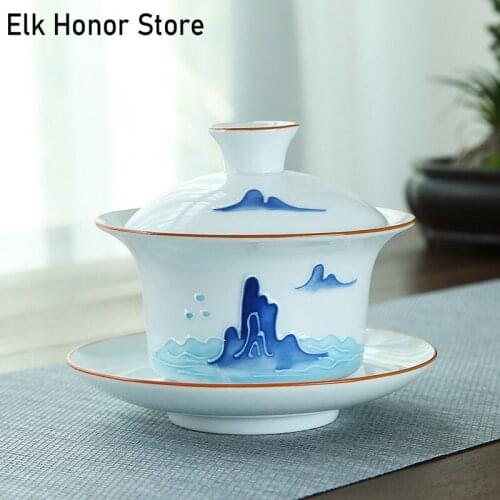 150ml New Product White Ceramic Sancai Tureen Master Cups Hand Painted Relief Pu'er Tea Set Accessories Tea Ceremony Drinkware