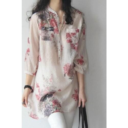 Plus Size Shirt Women Spring Summer Floral Printing Blouse 3/4 Sleeve Casual Female Fashion Shirt Loose Tops Shirts Blusas