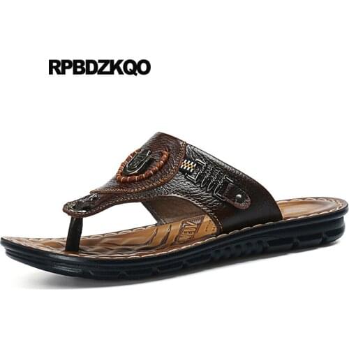 Flat slippers shoes runway metal men sandals leather summer yellow 2019 casual designer slip on beach slides brown flip flop