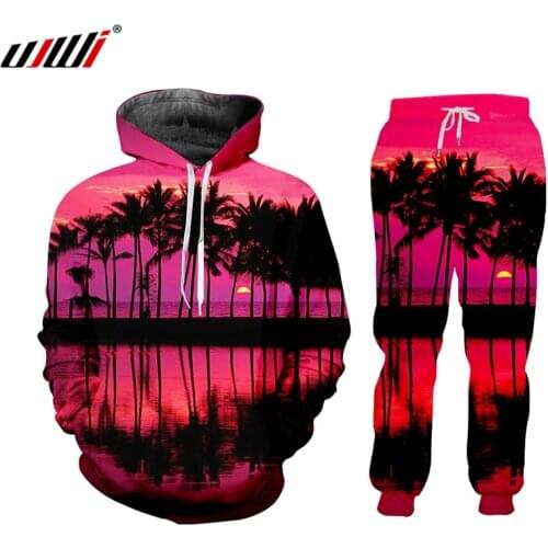 UJWI Men Tracksuit 3D Print Pink Sunset Dusk Unisex Hoodie Streetwearnatural Scenery Casual Pants Hombre Sportswear