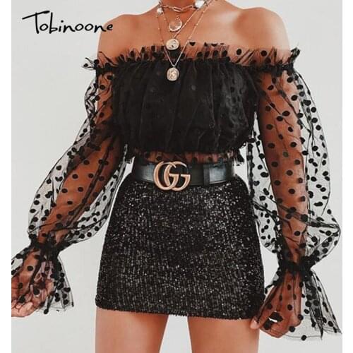 Tobinoone Modern Lady Black Dot Women Shirts Sexy Long Mesh Sleeve Off Shoulder Top Woman Streetwear Spring Summer Elegant Tops