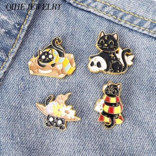 Magic Cat Enamel Pins Halloween Witch Hat Kitten Moon Cat Skeleton Brooches Magical Metal Badges Stylish Witches Jewelry