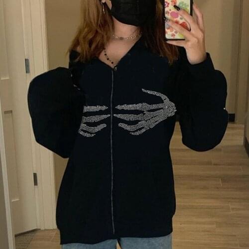 Rhinestones Women Hoodie Zippers Casual Fashion Hooded Sweatshirts Gothic Punk Streetwear Female Autumn Winter Outwear