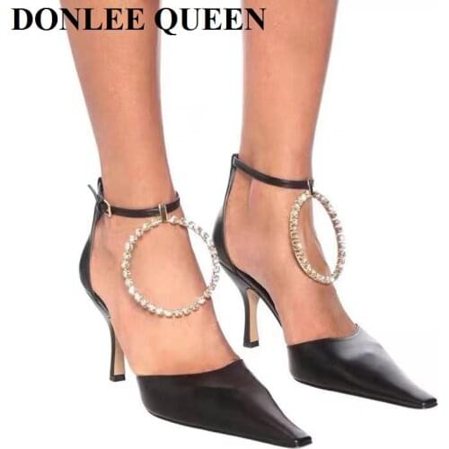 2021 Spring Women Slingback Sandals Thin High Heel Pointed Toe Pumps Crystal O-ring Embellished Shoes For Party Zapatillas Mujer
