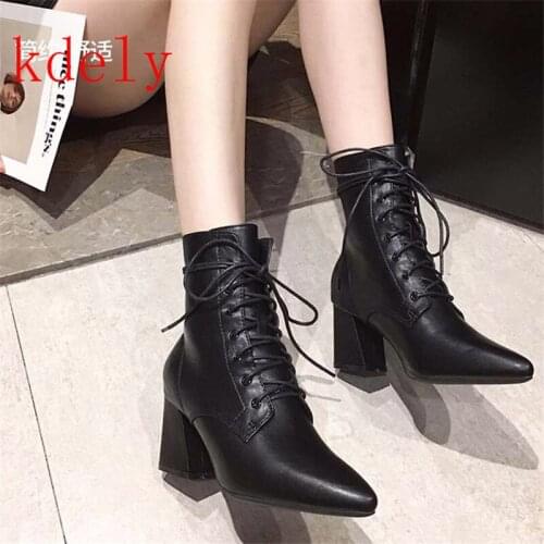 2020New Ankle Boots Ladies High Heels Autumn Shoes Fashion Women Lace Up Pointed Toe Pumps PU Leather Comfort New Woman Footwear