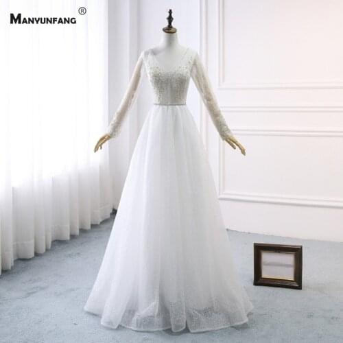100% Real Full Sleeve Backless Sweep Train A-Line Wedding Dress for Women 2021 New Arrival V-Neck Lace Appliques Bridal Gown