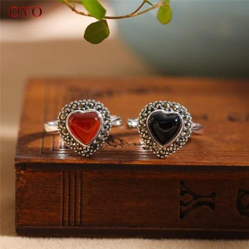 100% s925 silver jewelry female heart-shaped natural black agate ring