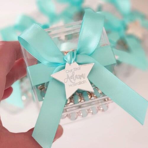 50 * Personalized Custom Prince Baptism Favor Box Decor Star Tags Gold / Silver Mirror / Clear / Wood Birthday Party Gift Lable