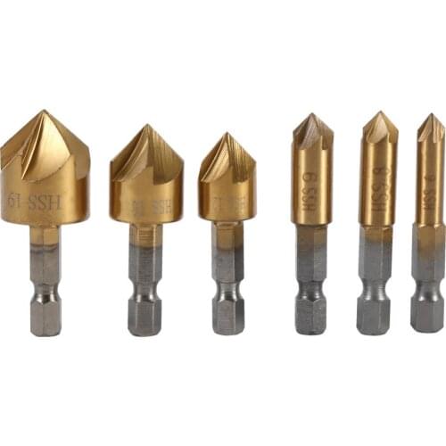 6Pcs 6/8/9/12/16/19mm HSS Chamfer Countersunk Drill Bit 1/4" Hex Shank 5 Flutes Woodworking Chamfering Cutter Reamer Hole Opener