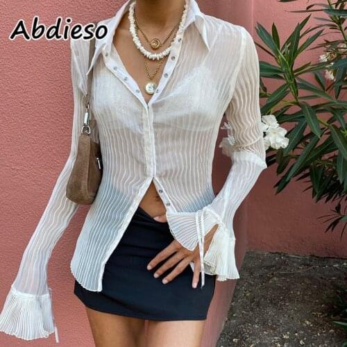 Abdieso White Vintage Flare Long Sleeve Women T Shirt 2021 Button See Through Sexy Autumn Y2k Tops Fashion Blouses Shirts Top