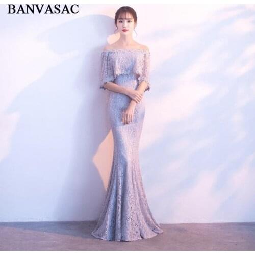 BANVASAC 2018 Vintage Boat Neck Lace Embroidery Mermaid Long Evening Dresses Half Sleeve Beading Party Prom Gowns