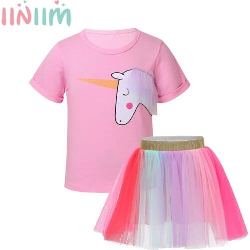 Kids Girls Cartoon Horse Printed T-Shirt Tops with Rainbow Tutu Skirt for Halloween Christmas Cosplay Birthday Party Sets