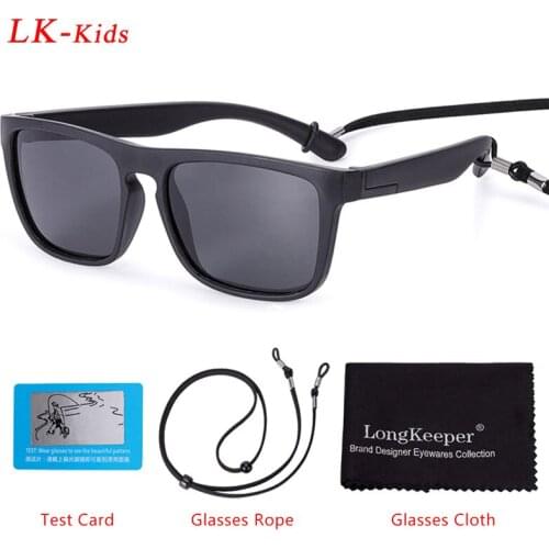 LongKeeper Kids Square Sunglasses For Boys Silicone Polarized Sun Glasses With Glasses Rope Children Girls Safety Oculos UV400