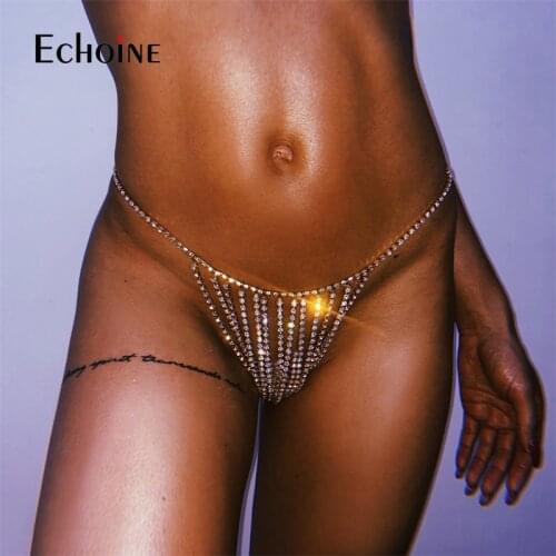 Echoine Women Sexy Tassel Rhinestone Body Chains Jewelry Waist Round Metal Panties Crystal Underwear Thong Belly Chain Jewelry