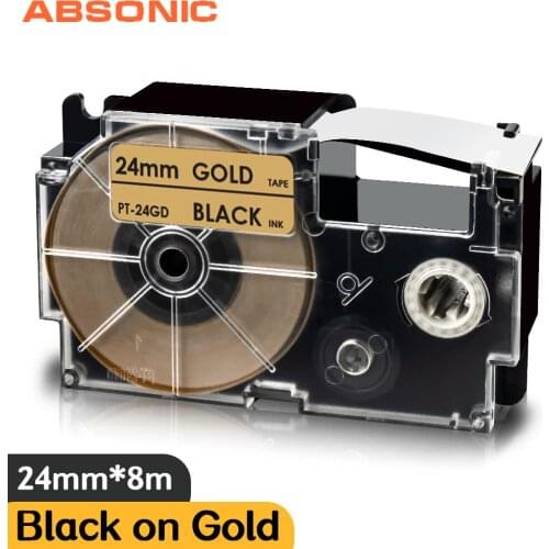 Absonic 24mm Labeling Tape XR 24GD XR-24GD Casio Compatible Label Maker Black on Gold Typewriter KL820 7200 for Casio Labeler