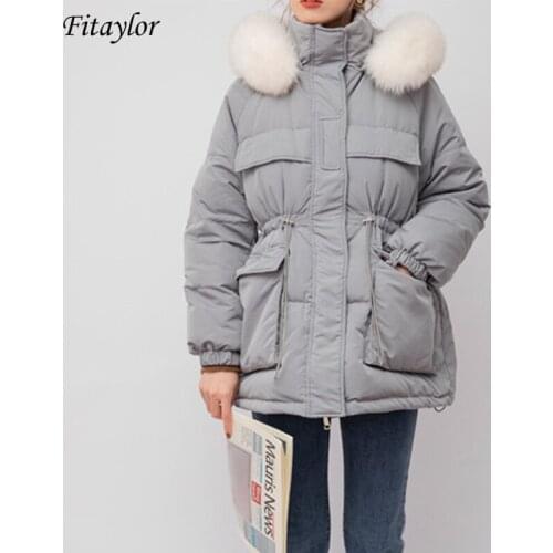 Fitaylor 2021 Winter Women 90% White Duck Down Coat Real Fox Fur Hooded Jacket Casual Warm Parkas Female