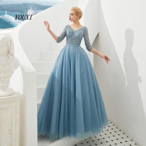 Blue Evening Dresses 2019 Tulle 3/4 Three Quarter Sleeve V Neck Long Floor Length Lace Up Prom Formal Party Gown YOUXI