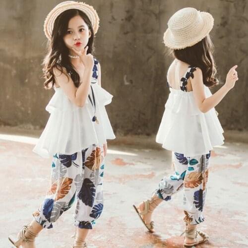 Girls Clothing Summer Children Suit Fashion Net Red Chiffon Suit Girls Sling + Cropped Trousers Two Sets Girls Ruffle Outfits