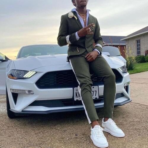 Handsome Fashion 2 Pieces Men Suits Printed Stripe Single Breasted Casual Groom Wear Blazers Customized Party Smoking Coat+Pants