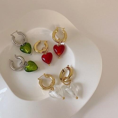 LOVOACC French Green Clear Red Color Glass Love Pendant Earrings for Women Gold Color Hooks Heart Hoop Earrings Vintage Jewelry