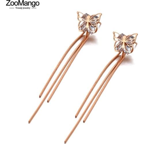 ZooMango Trendy Bohemia Butterfly Long Tassel Animal Earrings For Women Girls Titanium Steel CZ Crystal Party Earrings ZE20144