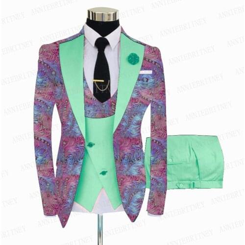 2021 New Floral Printed Men Suit 3 piece Custom Groom Wedding Tuxedo Slim Fit Prom Blazer Suit Jacket Double Breasted Vest Pants